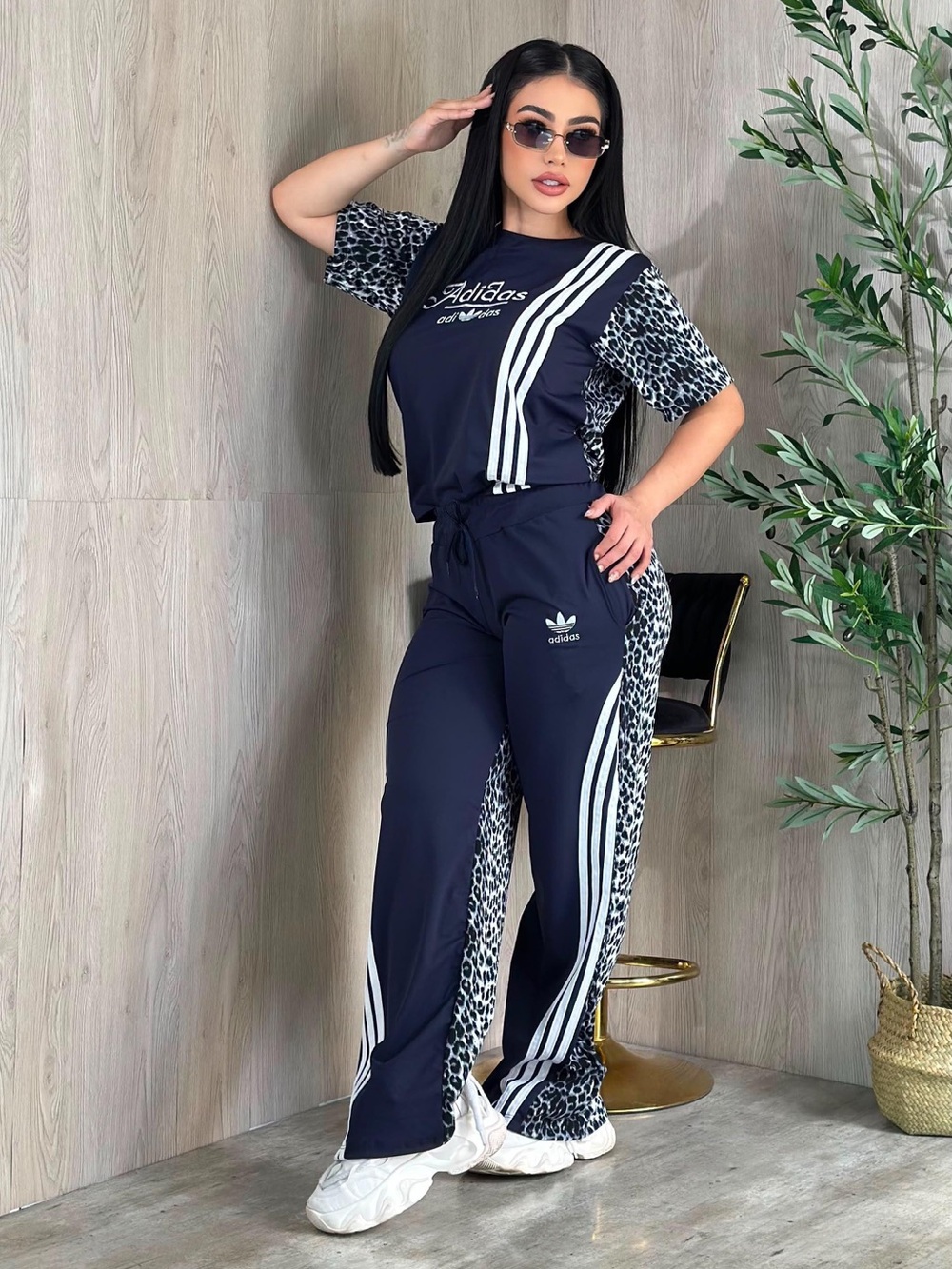 adidas Navy Leopard-Panel Track Pants & Top Set
